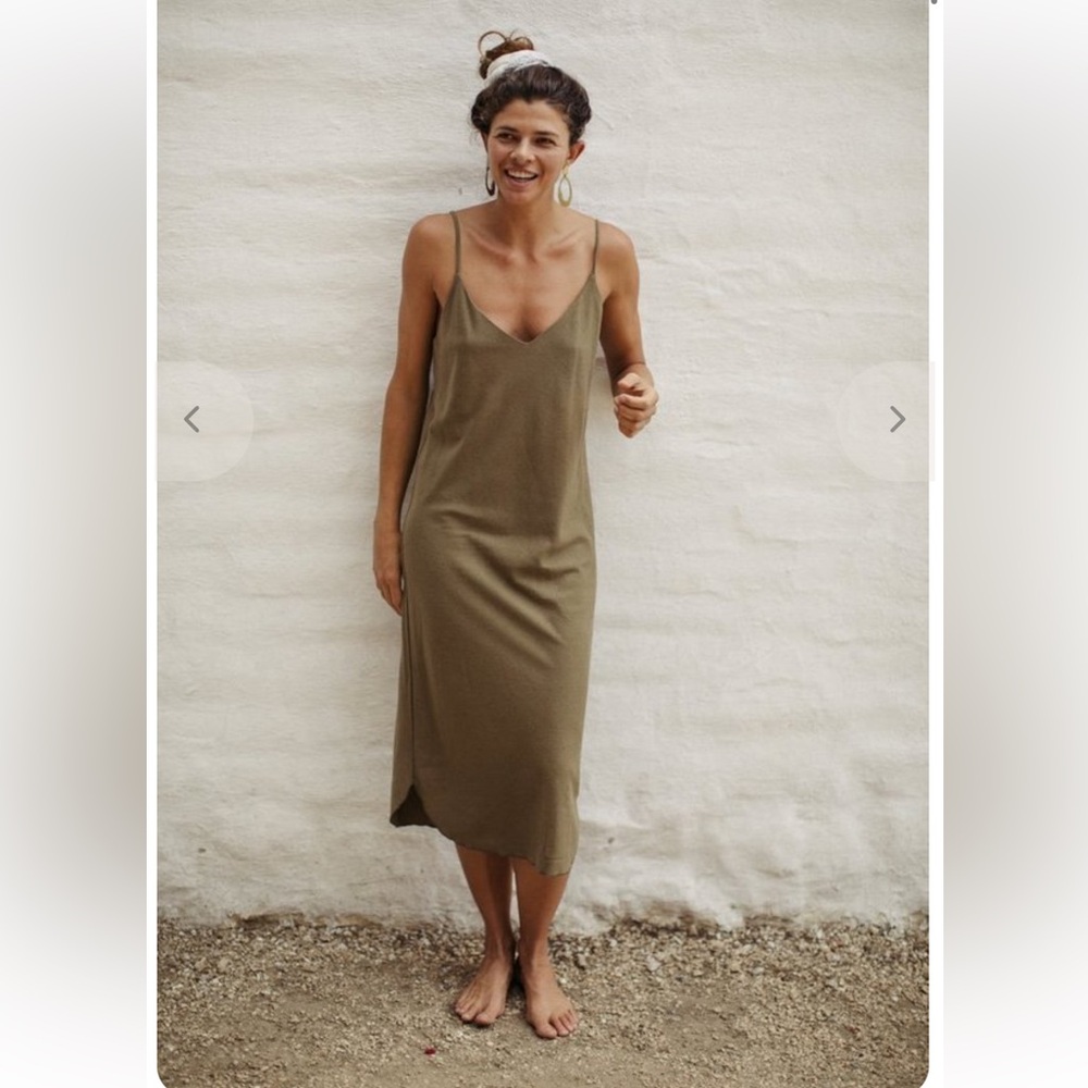 Ozma Long Silk Noil Slip Dress in Olive Green Khaki